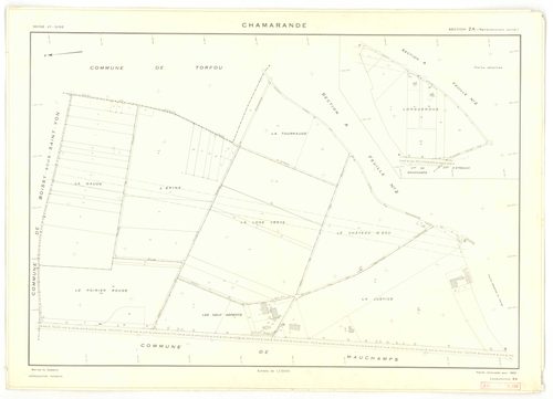 Plans minutes de conservation : CHAMARANDE : tableau d'assemblage, ech. 1/10000 (1933), sections A1, A2, A3, A4, ech. 1/1250 (1933-1939), sections B, C, ech. 1/2500 (1933), section ZA, ech. 1/2000 (1963), NB, papier, 105x80 [8 plans]. 