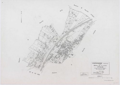 CHAMARANDE, plans minutes de conservation : tableau d'assemblage,1933, Ech. 1/10000 ; plans des sections A2, A3, A4, 1933, Ech. 1/1250, sections B, C, 1933, Ech. 1/2500, section ZA, 1963, Ech. 1/2000, section ZB, 1989, Ech. 1/2000. Polyester. N et B. Dim.