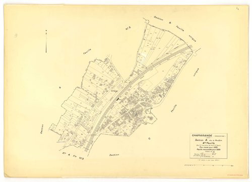Plans minutes de conservation : CHAMARANDE : tableau d'assemblage, ech. 1/10000 (1933), sections A1, A2, A3, A4, ech. 1/1250 (1933-1939), sections B, C, ech. 1/2500 (1933), section ZA, ech. 1/2000 (1963), NB, papier, 105x80 [8 plans]. 