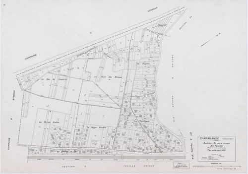 CHAMARANDE, plans minutes de conservation : tableau d'assemblage,1933, Ech. 1/10000 ; plans des sections A2, A3, A4, 1933, Ech. 1/1250, sections B, C, 1933, Ech. 1/2500, section ZA, 1963, Ech. 1/2000, section ZB, 1989, Ech. 1/2000. Polyester. N et B. Dim.