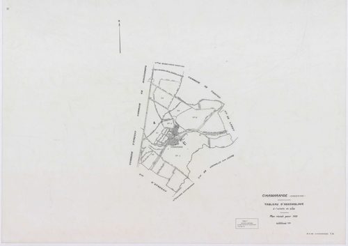 CHAMARANDE, plans minutes de conservation : tableau d'assemblage,1933, Ech. 1/10000 ; plans des sections A2, A3, A4, 1933, Ech. 1/1250, sections B, C, 1933, Ech. 1/2500, section ZA, 1963, Ech. 1/2000, section ZB, 1989, Ech. 1/2000. Polyester. N et B. Dim.