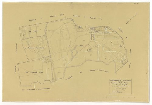 Plans minutes de conservation : CHAMARANDE : tableau d'assemblage, ech. 1/10000 (1933), sections A1, A2, A3, A4, ech. 1/1250 (1933-1939), sections B, C, ech. 1/2500 (1933), section ZA, ech. 1/2000 (1963), NB, papier, 105x80 [8 plans]. 