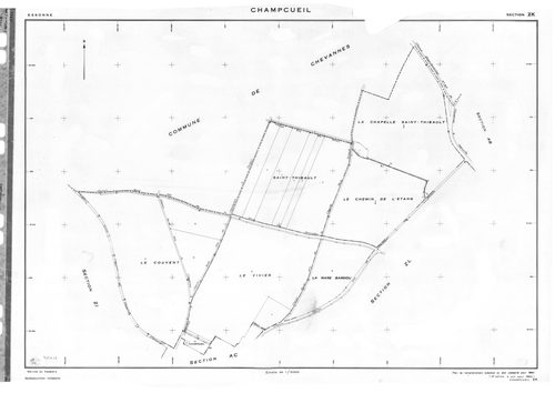 CHAMPCUEIL .- Cadastre révisé pour 1962 : plan du tableau d'assemblage, plan de la section F ; cadastre renouvelé pour 1962 : plans de la section AC, section AE, section AH, section AL, section ZE, section ZG, setion ZH, section ZK, section ZM ; cadastre 