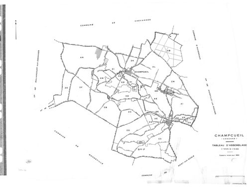 CHAMPCUEIL .- Cadastre révisé pour 1962 : plan du tableau d'assemblage, plan de la section F ; cadastre renouvelé pour 1962 : plans de la section AC, section AE, section AH, section AL, section ZE, section ZG, setion ZH, section ZK, section ZM ; cadastre 