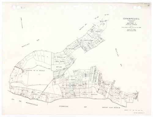 CHAMPCUEIL, plans minutes de conservation : tableau d'assemblage,1962, Ech. 1/10000 ; plans des sections Zkan, 1960, Ech. 1/1000, sections AC, AH, AK, AL, 1962, Ech. 1/1000, section ZK, 1960, Ech. 1/2000, sections AB, AD, AE, AI, AM, AN, ZA, ZB, ZC, ZD, Z