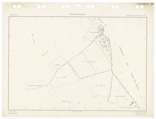 CHAMPCUEIL, plans minutes de conservation : tableau d'assemblage,1962, Ech. 1/10000 ; plans des sections Zkan, 1960, Ech. 1/1000, sections AC, AH, AK, AL, 1962, Ech. 1/1000, section ZK, 1960, Ech. 1/2000, sections AB, AD, AE, AI, AM, AN, ZA, ZB, ZC, ZD, Z