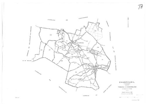 CHAMPCUEIL .- Cadastre révisé pour 1962 : plan du tableau d'assemblage, plan de la section F ; cadastre renouvelé pour 1962 : plans de la section AC, section AE, section AH, section AL, section ZE, section ZG, setion ZH, section ZK, section ZM ; cadastre 