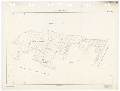 CHAMPCUEIL, plans minutes de conservation : tableau d'assemblage,1962, Ech. 1/10000 ; plans des sections Zkan, 1960, Ech. 1/1000, sections AC, AH, AK, AL, 1962, Ech. 1/1000, section ZK, 1960, Ech. 1/2000, sections AB, AD, AE, AI, AM, AN, ZA, ZB, ZC, ZD, Z
