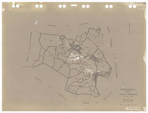 CHAMPCUEIL, plans minutes de conservation : tableau d'assemblage,1962, Ech. 1/10000 ; plans des sections Zkan, 1960, Ech. 1/1000, sections AC, AH, AK, AL, 1962, Ech. 1/1000, section ZK, 1960, Ech. 1/2000, sections AB, AD, AE, AI, AM, AN, ZA, ZB, ZC, ZD, Z