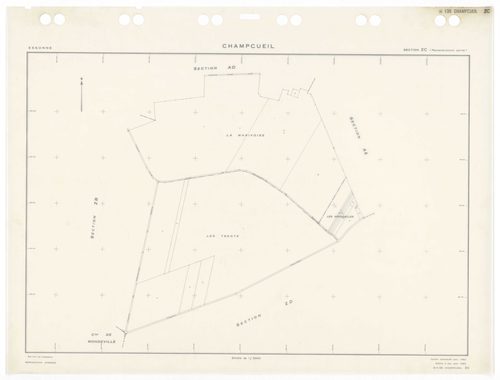CHAMPCUEIL, plans minutes de conservation : tableau d'assemblage,1962, Ech. 1/10000 ; plans des sections Zkan, 1960, Ech. 1/1000, sections AC, AH, AK, AL, 1962, Ech. 1/1000, section ZK, 1960, Ech. 1/2000, sections AB, AD, AE, AI, AM, AN, ZA, ZB, ZC, ZD, Z