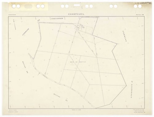 CHAMPCUEIL, plans minutes de conservation : tableau d'assemblage,1962, Ech. 1/10000 ; plans des sections Zkan, 1960, Ech. 1/1000, sections AC, AH, AK, AL, 1962, Ech. 1/1000, section ZK, 1960, Ech. 1/2000, sections AB, AD, AE, AI, AM, AN, ZA, ZB, ZC, ZD, Z