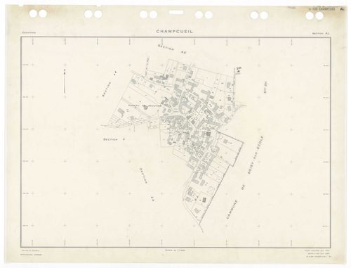 CHAMPCUEIL, plans minutes de conservation : tableau d'assemblage,1962, Ech. 1/10000 ; plans des sections Zkan, 1960, Ech. 1/1000, sections AC, AH, AK, AL, 1962, Ech. 1/1000, section ZK, 1960, Ech. 1/2000, sections AB, AD, AE, AI, AM, AN, ZA, ZB, ZC, ZD, Z