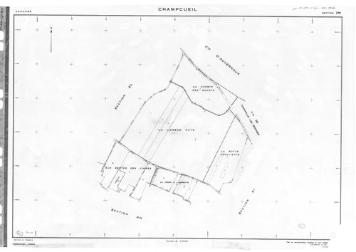 CHAMPCUEIL .- Cadastre révisé pour 1962 : plan du tableau d'assemblage, plan de la section F ; cadastre renouvelé pour 1962 : plans de la section AC, section AE, section AH, section AL, section ZE, section ZG, setion ZH, section ZK, section ZM ; cadastre 