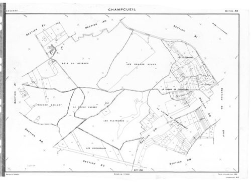 CHAMPCUEIL .- Cadastre révisé pour 1962 : plan du tableau d'assemblage, plan de la section F ; cadastre renouvelé pour 1962 : plans de la section AC, section AE, section AH, section AL, section ZE, section ZG, setion ZH, section ZK, section ZM ; cadastre 