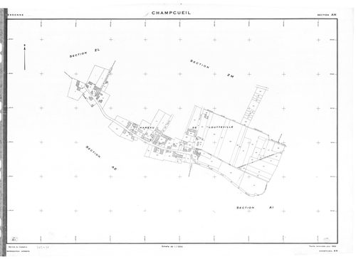 CHAMPCUEIL .- Cadastre révisé pour 1962 : plan du tableau d'assemblage, plan de la section F ; cadastre renouvelé pour 1962 : plans de la section AC, section AE, section AH, section AL, section ZE, section ZG, setion ZH, section ZK, section ZM ; cadastre 