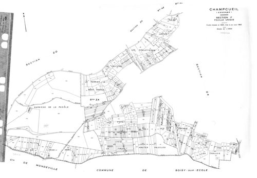 CHAMPCUEIL .- Cadastre révisé pour 1962 : plan du tableau d'assemblage, plan de la section F ; cadastre renouvelé pour 1962 : plans de la section AC, section AE, section AH, section AL, section ZE, section ZG, setion ZH, section ZK, section ZM ; cadastre 