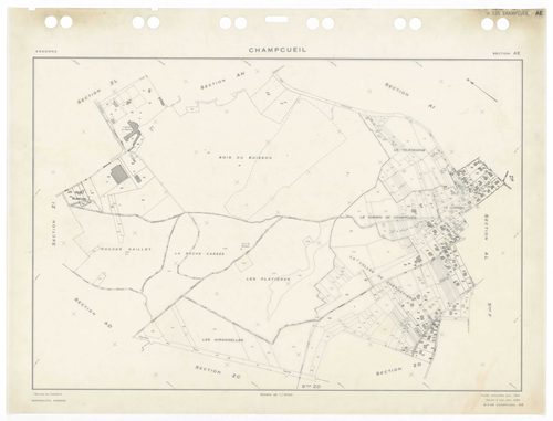 CHAMPCUEIL, plans minutes de conservation : tableau d'assemblage,1962, Ech. 1/10000 ; plans des sections Zkan, 1960, Ech. 1/1000, sections AC, AH, AK, AL, 1962, Ech. 1/1000, section ZK, 1960, Ech. 1/2000, sections AB, AD, AE, AI, AM, AN, ZA, ZB, ZC, ZD, Z