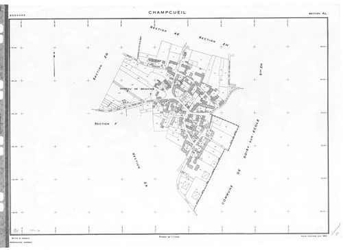 CHAMPCUEIL .- Cadastre révisé pour 1962 : plan du tableau d'assemblage, plan de la section F ; cadastre renouvelé pour 1962 : plans de la section AC, section AE, section AH, section AL, section ZE, section ZG, setion ZH, section ZK, section ZM ; cadastre 