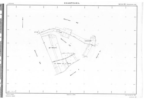 CHAMPCUEIL .- Cadastre révisé pour 1962 : plan du tableau d'assemblage, plan de la section F ; cadastre renouvelé pour 1962 : plans de la section AC, section AE, section AH, section AL, section ZE, section ZG, setion ZH, section ZK, section ZM ; cadastre 