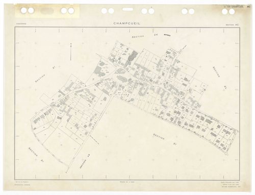 CHAMPCUEIL, plans minutes de conservation : tableau d'assemblage,1962, Ech. 1/10000 ; plans des sections Zkan, 1960, Ech. 1/1000, sections AC, AH, AK, AL, 1962, Ech. 1/1000, section ZK, 1960, Ech. 1/2000, sections AB, AD, AE, AI, AM, AN, ZA, ZB, ZC, ZD, Z