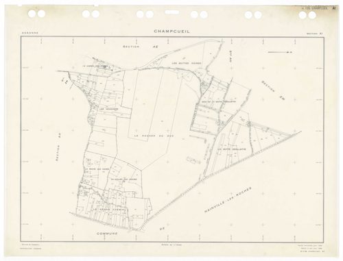 CHAMPCUEIL, plans minutes de conservation : tableau d'assemblage,1962, Ech. 1/10000 ; plans des sections Zkan, 1960, Ech. 1/1000, sections AC, AH, AK, AL, 1962, Ech. 1/1000, section ZK, 1960, Ech. 1/2000, sections AB, AD, AE, AI, AM, AN, ZA, ZB, ZC, ZD, Z