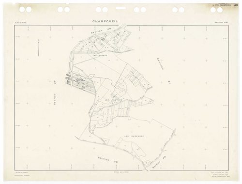 CHAMPCUEIL, plans minutes de conservation : tableau d'assemblage,1962, Ech. 1/10000 ; plans des sections Zkan, 1960, Ech. 1/1000, sections AC, AH, AK, AL, 1962, Ech. 1/1000, section ZK, 1960, Ech. 1/2000, sections AB, AD, AE, AI, AM, AN, ZA, ZB, ZC, ZD, Z