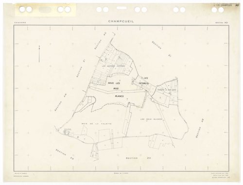 CHAMPCUEIL, plans minutes de conservation : tableau d'assemblage,1962, Ech. 1/10000 ; plans des sections Zkan, 1960, Ech. 1/1000, sections AC, AH, AK, AL, 1962, Ech. 1/1000, section ZK, 1960, Ech. 1/2000, sections AB, AD, AE, AI, AM, AN, ZA, ZB, ZC, ZD, Z