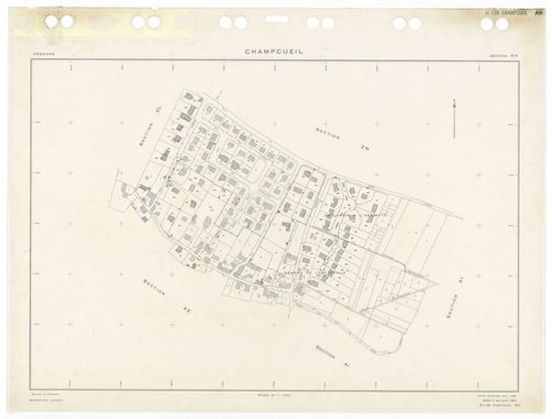 CHAMPCUEIL, plans minutes de conservation : tableau d'assemblage,1962, Ech. 1/10000 ; plans des sections Zkan, 1960, Ech. 1/1000, sections AC, AH, AK, AL, 1962, Ech. 1/1000, section ZK, 1960, Ech. 1/2000, sections AB, AD, AE, AI, AM, AN, ZA, ZB, ZC, ZD, Z