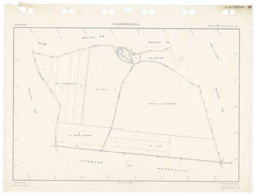CHAMPCUEIL, plans minutes de conservation : tableau d'assemblage,1962, Ech. 1/10000 ; plans des sections Zkan, 1960, Ech. 1/1000, sections AC, AH, AK, AL, 1962, Ech. 1/1000, section ZK, 1960, Ech. 1/2000, sections AB, AD, AE, AI, AM, AN, ZA, ZB, ZC, ZD, Z