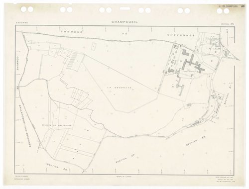 CHAMPCUEIL, plans minutes de conservation : tableau d'assemblage,1962, Ech. 1/10000 ; plans des sections Zkan, 1960, Ech. 1/1000, sections AC, AH, AK, AL, 1962, Ech. 1/1000, section ZK, 1960, Ech. 1/2000, sections AB, AD, AE, AI, AM, AN, ZA, ZB, ZC, ZD, Z