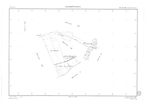 CHAMPCUEIL .- Cadastre révisé pour 1962 : plan du tableau d'assemblage, plan de la section F ; cadastre renouvelé pour 1962 : plans de la section AC, section AE, section AH, section AL, section ZE, section ZG, setion ZH, section ZK, section ZM ; cadastre 