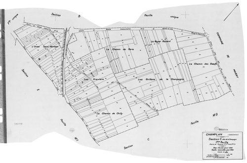 CHAMPLAN .- Cadastre révisé pour 1935 : plan du tableau d'assemblage, plans de la section A la Butte 1ère feuille, idem 2ème feuille, section C la Champagne 1ère feuille, idem 2ème feuille, section D la Pinotte, section E les Belles Fontaines 1ère feuille