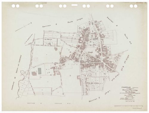 CHAMPLAN, plans minutes de conservation : tableau d'assemblage,1935, Ech. 1/5000 ; plans des sections Bu, Du, Fu, Gu, A1, A2, C1, C2, E1, E2 , 1935, Ech. 1/1250. Polyester. N et B. Dim. 105 x 80 cm [11 plans]. 