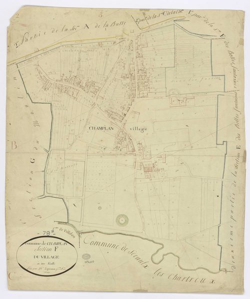 CHAMPLAN. - Section F - Village (le), ech. 1/1250, coul., aquarelle, papier, 76x64 (1811). 