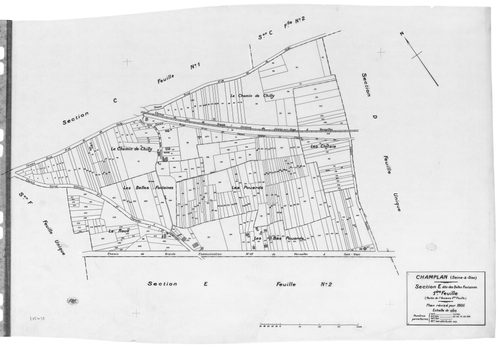 CHAMPLAN .- Cadastre révisé pour 1935 : plan du tableau d'assemblage, plans de la section A la Butte 1ère feuille, idem 2ème feuille, section C la Champagne 1ère feuille, idem 2ème feuille, section D la Pinotte, section E les Belles Fontaines 1ère feuille