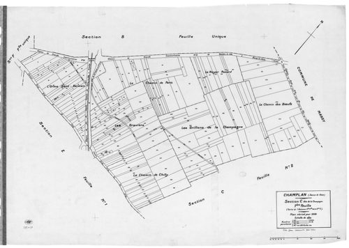 CHAMPLAN .- Cadastre révisé pour 1935 : plan du tableau d'assemblage, plans de la section A la Butte 1ère feuille, idem 2ème feuille, section C la Champagne 1ère feuille, idem 2ème feuille, section D la Pinotte, section E les Belles Fontaines 1ère feuille