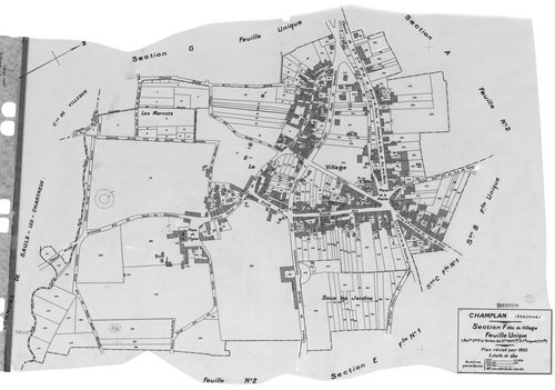 CHAMPLAN .- Cadastre révisé pour 1935 : plan du tableau d'assemblage, plans de la section A la Butte 1ère feuille, idem 2ème feuille, section C la Champagne 1ère feuille, idem 2ème feuille, section D la Pinotte, section E les Belles Fontaines 1ère feuille
