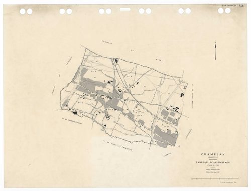 CHAMPLAN, plans minutes de conservation : tableau d'assemblage,1935, Ech. 1/5000 ; plans des sections Bu, Du, Fu, Gu, A1, A2, C1, C2, E1, E2 , 1935, Ech. 1/1250. Polyester. N et B. Dim. 105 x 80 cm [11 plans]. 