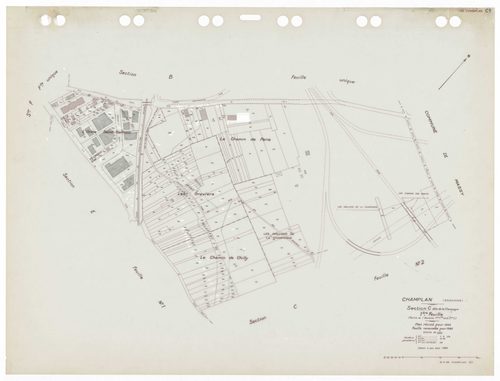 CHAMPLAN, plans minutes de conservation : tableau d'assemblage,1935, Ech. 1/5000 ; plans des sections Bu, Du, Fu, Gu, A1, A2, C1, C2, E1, E2 , 1935, Ech. 1/1250. Polyester. N et B. Dim. 105 x 80 cm [11 plans]. 