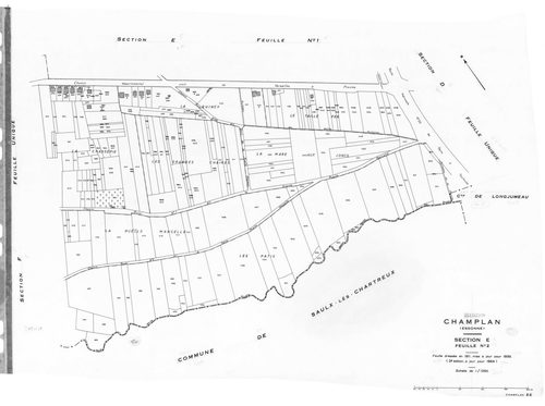 CHAMPLAN .- Cadastre révisé pour 1935 : plan du tableau d'assemblage, plans de la section A la Butte 1ère feuille, idem 2ème feuille, section C la Champagne 1ère feuille, idem 2ème feuille, section D la Pinotte, section E les Belles Fontaines 1ère feuille