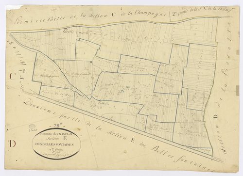 CHAMPLAN. - Section E - Belles Fontaines (les), 1, ech. 1/1250, coul., aquarelle, papier, 56x78 (1811). 