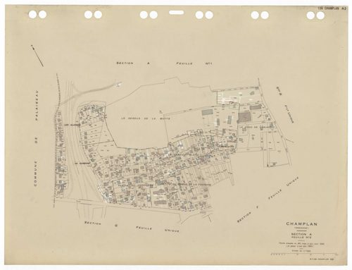 CHAMPLAN, plans minutes de conservation : tableau d'assemblage,1935, Ech. 1/5000 ; plans des sections Bu, Du, Fu, Gu, A1, A2, C1, C2, E1, E2 , 1935, Ech. 1/1250. Polyester. N et B. Dim. 105 x 80 cm [11 plans]. 