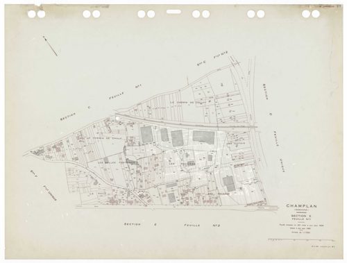 CHAMPLAN, plans minutes de conservation : tableau d'assemblage,1935, Ech. 1/5000 ; plans des sections Bu, Du, Fu, Gu, A1, A2, C1, C2, E1, E2 , 1935, Ech. 1/1250. Polyester. N et B. Dim. 105 x 80 cm [11 plans]. 