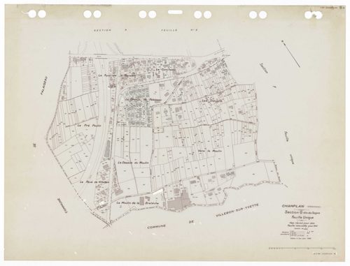 CHAMPLAN, plans minutes de conservation : tableau d'assemblage,1935, Ech. 1/5000 ; plans des sections Bu, Du, Fu, Gu, A1, A2, C1, C2, E1, E2 , 1935, Ech. 1/1250. Polyester. N et B. Dim. 105 x 80 cm [11 plans]. 