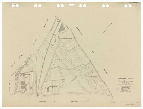 CHAMPLAN, plans minutes de conservation : tableau d'assemblage,1935, Ech. 1/5000 ; plans des sections Bu, Du, Fu, Gu, A1, A2, C1, C2, E1, E2 , 1935, Ech. 1/1250. Polyester. N et B. Dim. 105 x 80 cm [11 plans]. 