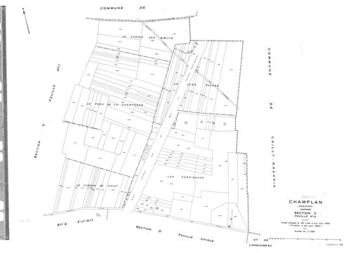 CHAMPLAN .- Cadastre révisé pour 1935 : plan du tableau d'assemblage, plans de la section A la Butte 1ère feuille, idem 2ème feuille, section C la Champagne 1ère feuille, idem 2ème feuille, section D la Pinotte, section E les Belles Fontaines 1ère feuille
