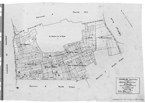 CHAMPLAN .- Cadastre révisé pour 1935 : plan du tableau d'assemblage, plans de la section A la Butte 1ère feuille, idem 2ème feuille, section C la Champagne 1ère feuille, idem 2ème feuille, section D la Pinotte, section E les Belles Fontaines 1ère feuille