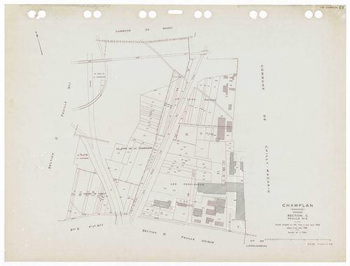 CHAMPLAN, plans minutes de conservation : tableau d'assemblage,1935, Ech. 1/5000 ; plans des sections Bu, Du, Fu, Gu, A1, A2, C1, C2, E1, E2 , 1935, Ech. 1/1250. Polyester. N et B. Dim. 105 x 80 cm [11 plans]. 