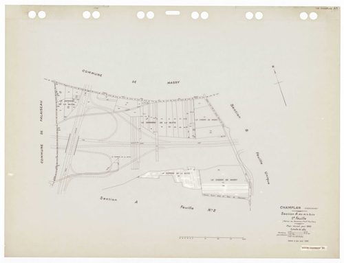CHAMPLAN, plans minutes de conservation : tableau d'assemblage,1935, Ech. 1/5000 ; plans des sections Bu, Du, Fu, Gu, A1, A2, C1, C2, E1, E2 , 1935, Ech. 1/1250. Polyester. N et B. Dim. 105 x 80 cm [11 plans]. 