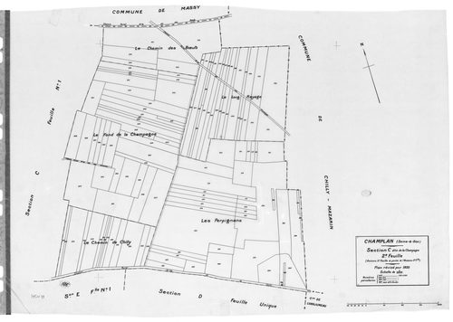 CHAMPLAN .- Cadastre révisé pour 1935 : plan du tableau d'assemblage, plans de la section A la Butte 1ère feuille, idem 2ème feuille, section C la Champagne 1ère feuille, idem 2ème feuille, section D la Pinotte, section E les Belles Fontaines 1ère feuille